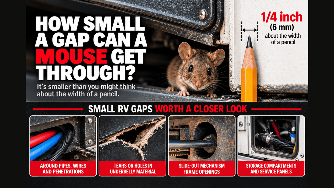 Mouse entry gap size comparison showing a 1/4-inch pencil-width opening and common RV gaps