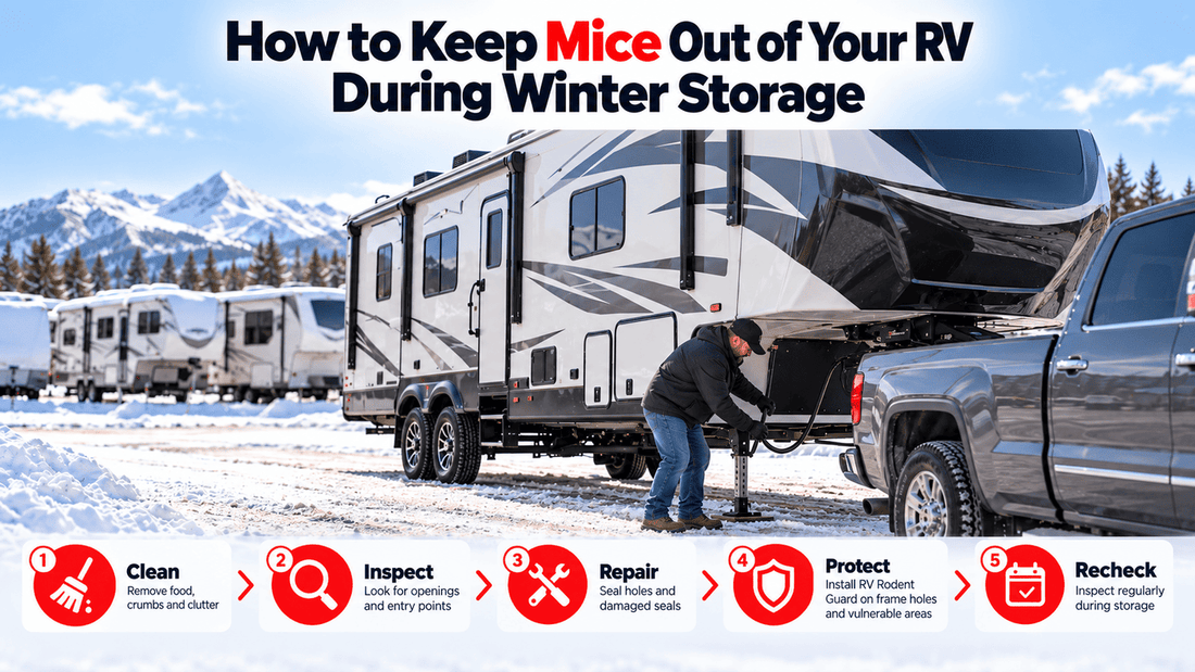 Fifth wheel RV in winter storage with RV mouse prevention checklist