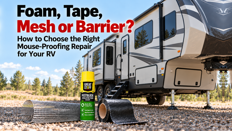 Foam, tape, mesh and pest-resistant sealant in front of a fifth-wheel RV with entry door