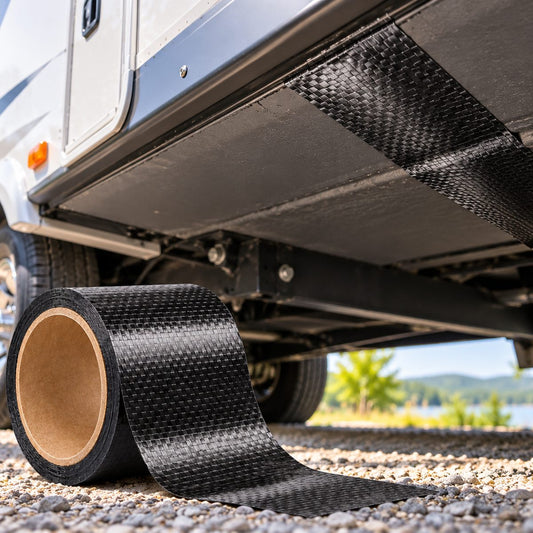 RV underbelly repair tape applied over damaged camper underbelly material